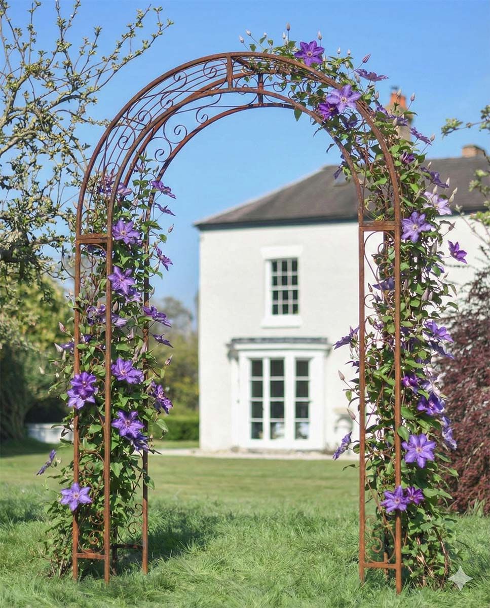 Digital Illustration of the Ornate Scroll "Tenbury" Rustic Rose Arch with Flowers