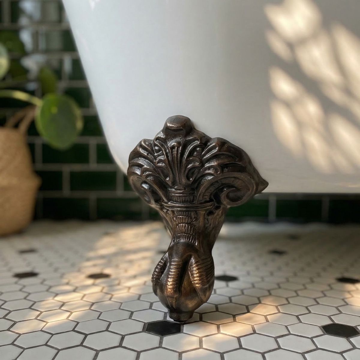 Digital Illustration of the “Royal Paisley” Ornate Ball & Claw Bath Feet Mounted on a White Bath Slightly Zoomed Out View