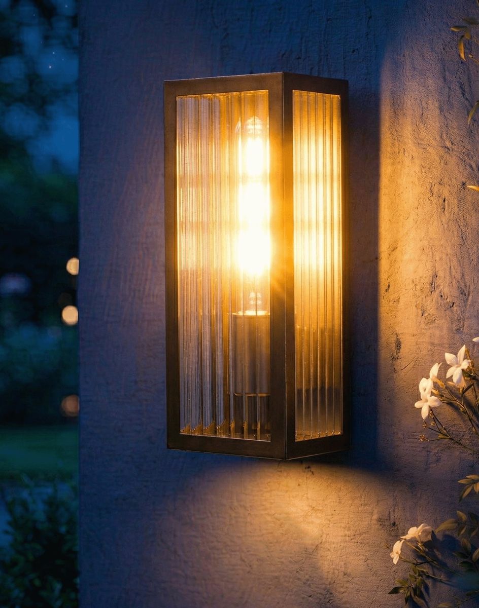 Digital Illustration of the Rubbed Bronze Reeded Glass Wall Light Lit up at Night