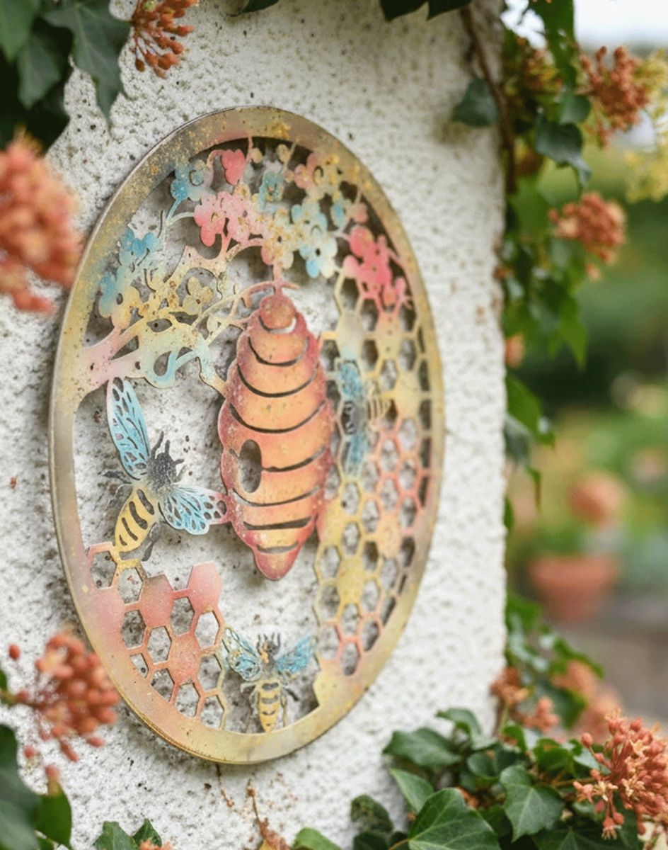 Digital Illustration of the Rustic Bee Hive Garden Wall Art Front on View on the Edge of a White Garden Wall