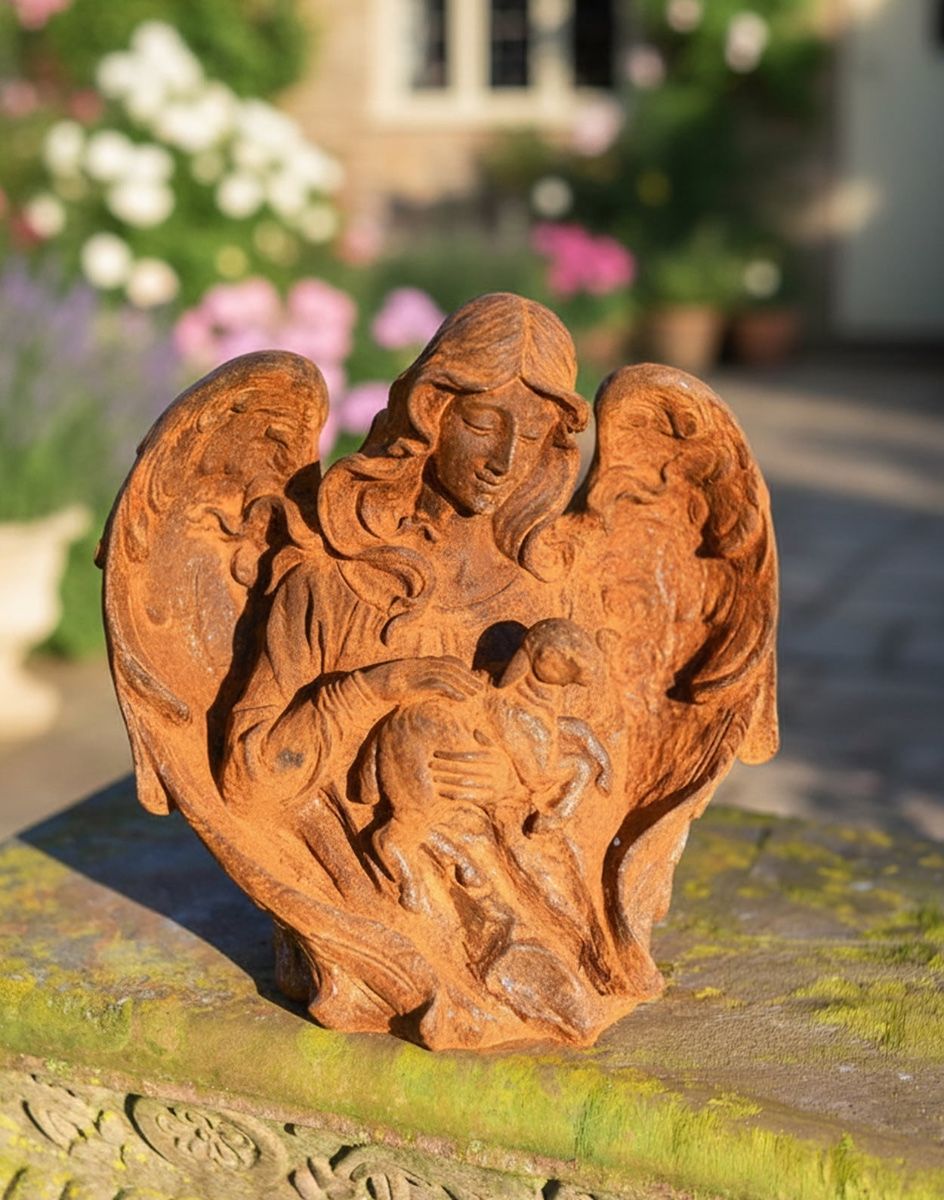 Digital Illustration of the Rustic Cast Iron "Arched Angel" with Lamb Garden Sculpture Positioned in a Traditional Country Garden