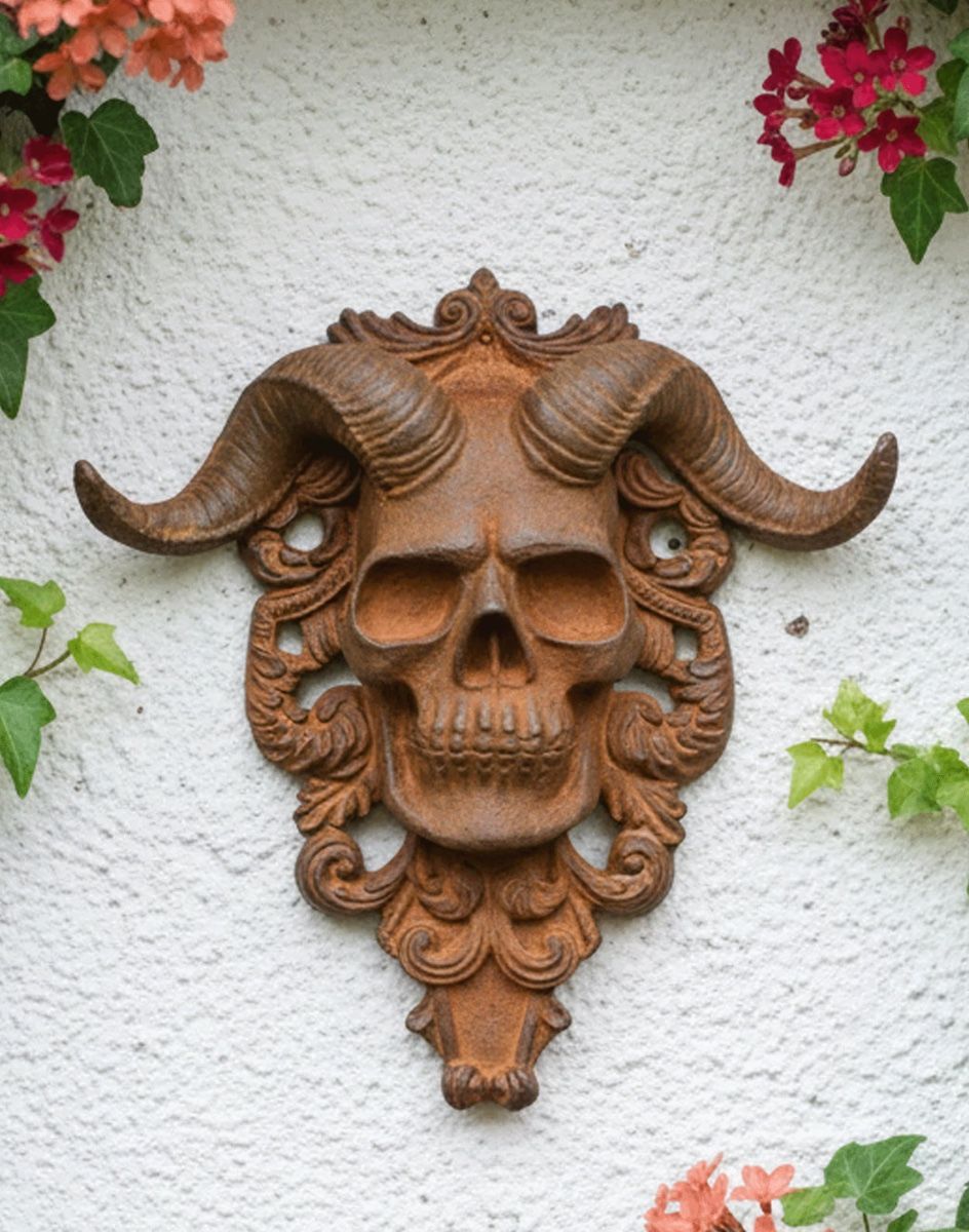 Digital Illustration of the Rustic Cast Iron "El Diablo" Exterior Wall Art Mounted on a White Exterior Wall 