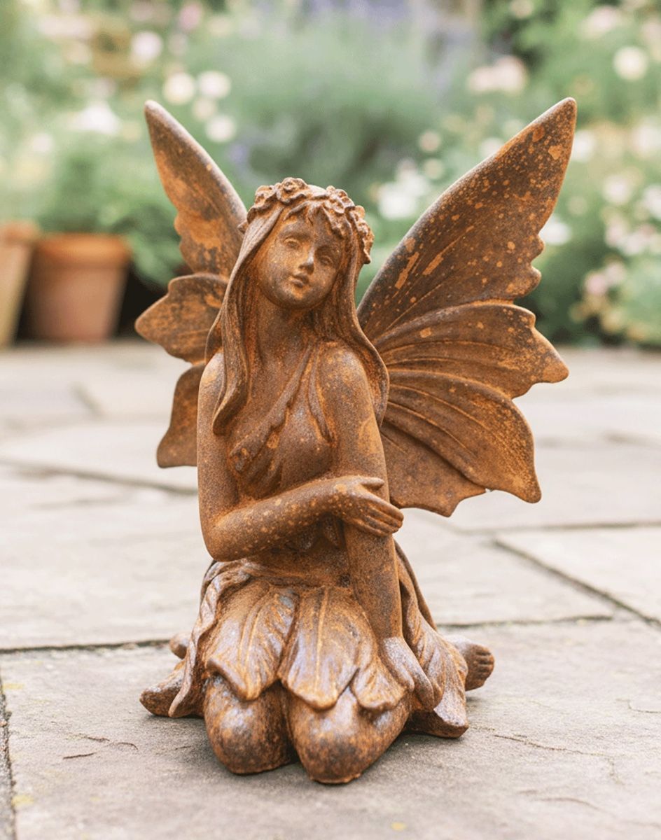 Digital illustration of the Rustic Cast Iron "Sitting Fairy" Garden Sculpture Placed on a Sunny Garden Patio
