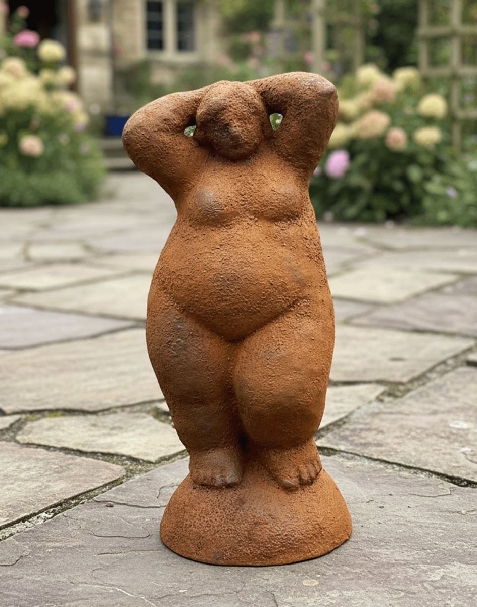 Digital Illustration of the Rustic Cast Iron "Evangeline" Sculpture on a Garden Patio with Hydrangeas in the Background