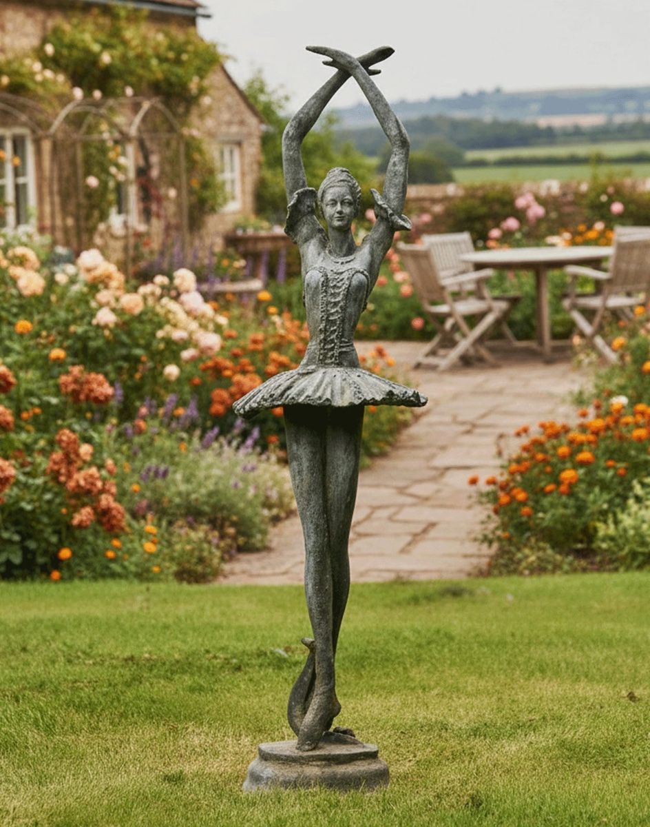 Digital Illustration of the Rustic Grey Cast Iron Ballet Dancer in Pirouette Position Garden Sculpture in Front of a Farm Cottage with Fields