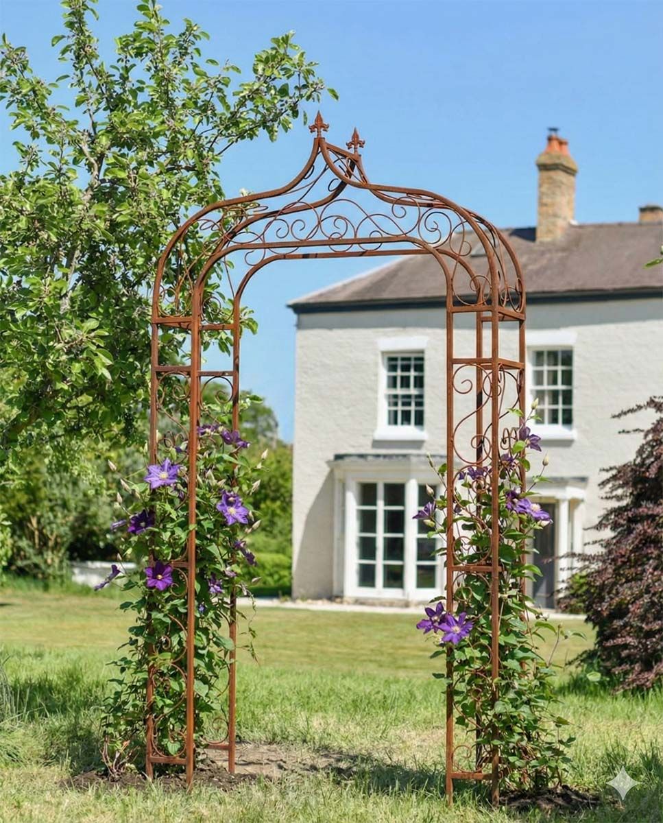 Digital Illustration of the Rustic "Harlow" Ornate Rose Arch with Flowers