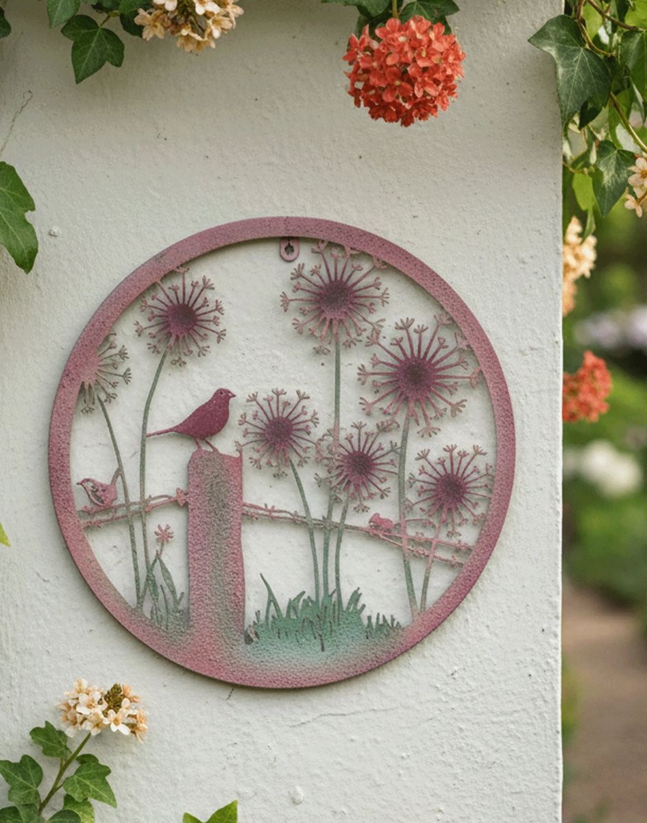 Digital Illustration of the Rustic "Life In The Fields" Garden Wall Art on The Corner of a White Garden Wall