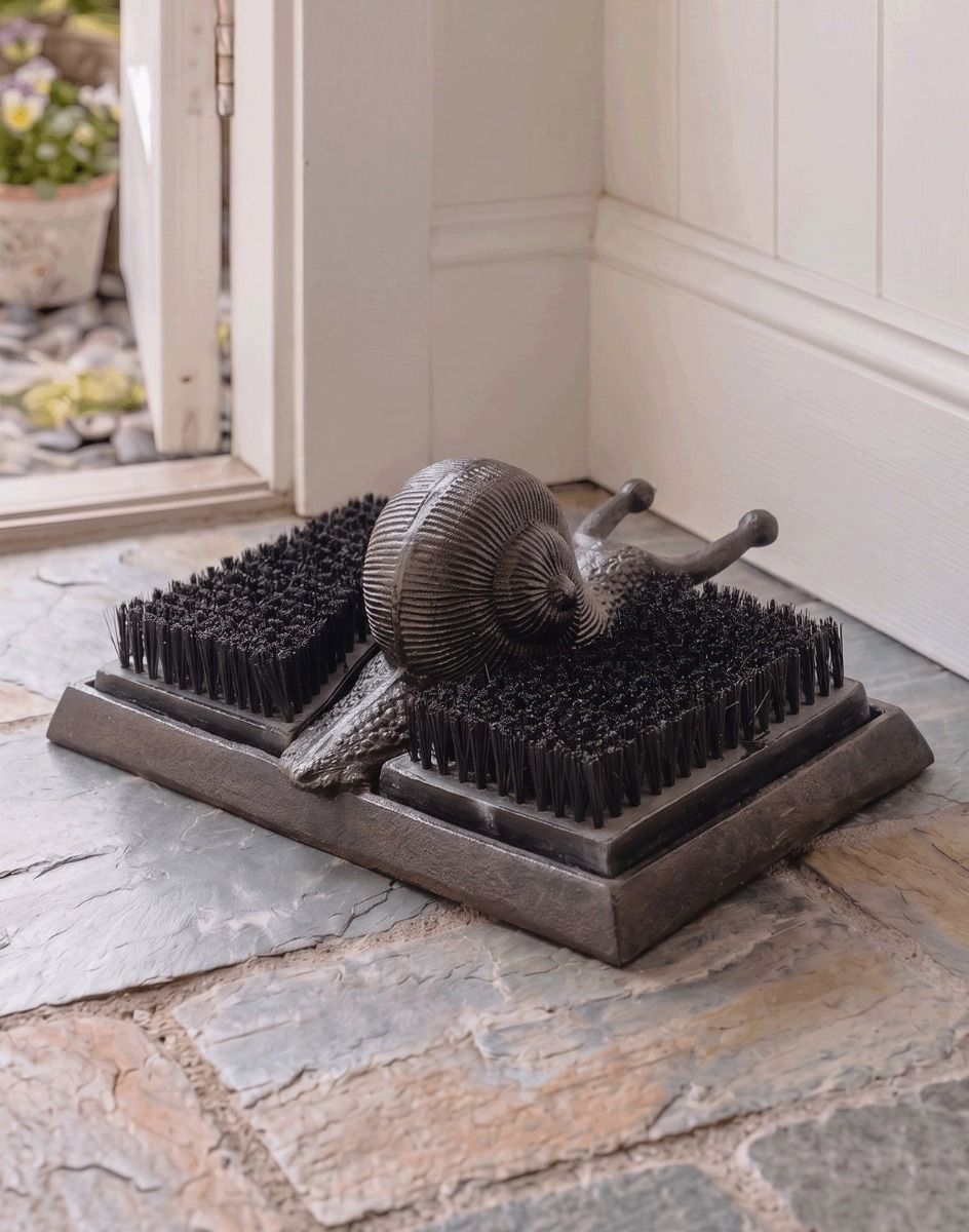 Digital Illustration of the Rustic Snail Boot Brush and Boot Jack on a Stone Floor Cottage Hallway