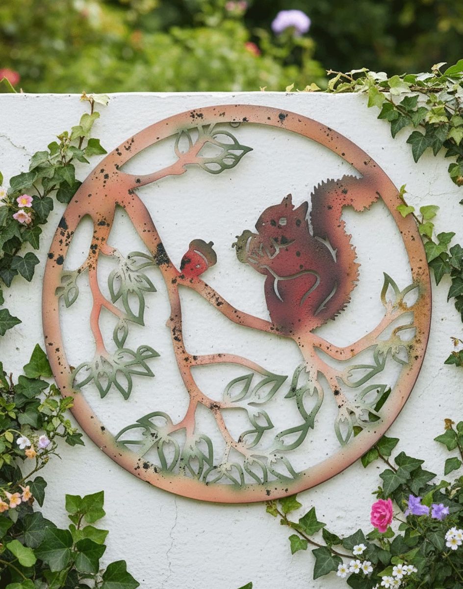 Digital Illustration of the Rustic Squirrel Garden Wall Art Mounted on a Cream Wall in a Garden