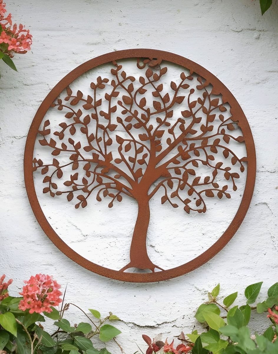 Digital Illustration of the Rustic Steel Garden Wall Art With Oak Tree Front Facing View Mounted on a Garden Wall