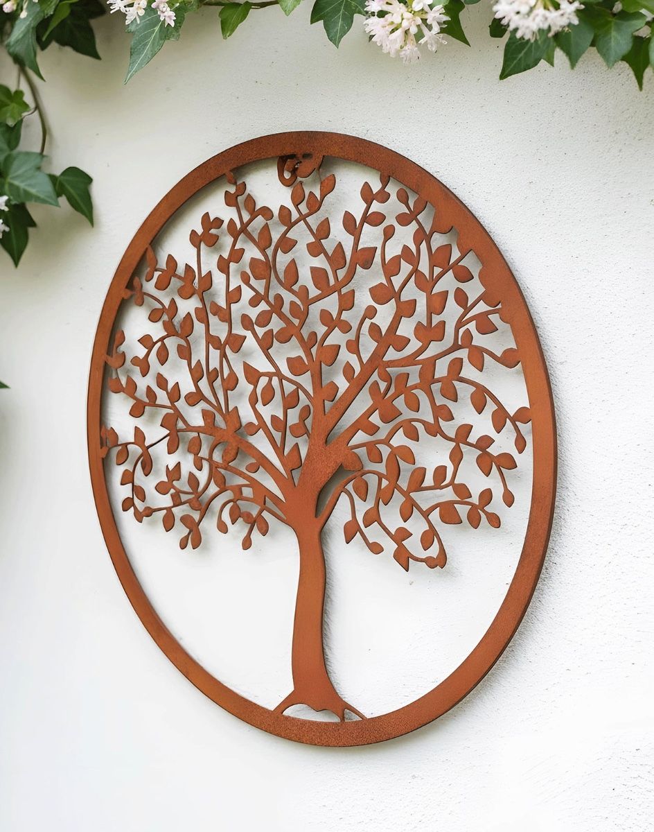 Digital Illustration of the Rustic Steel Garden Wall Art With Oak Treewith an Angled View Mounted on a Garden Wall