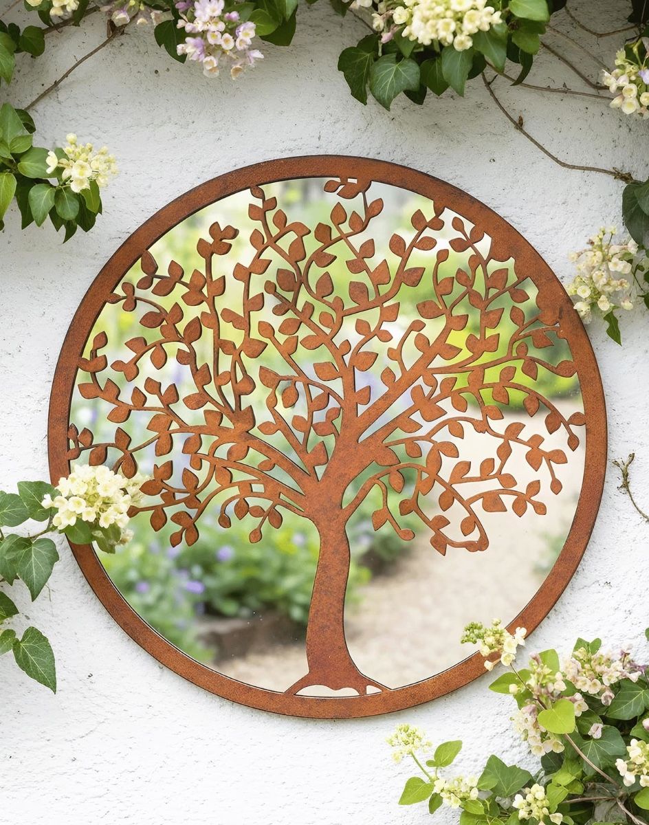 Digital Illustration of the Rustic Steel Mirrored Wall Art With Oak Tree Mounted on a White Exterior Wall