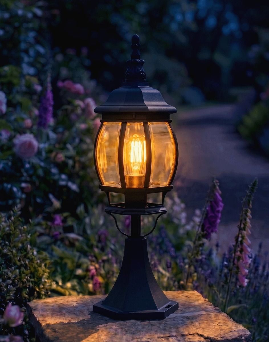 Digital illustration of the Small Tourega Pillar Light Mounted on a Stone Garden Wall Pillar Whilst Lit up at Night