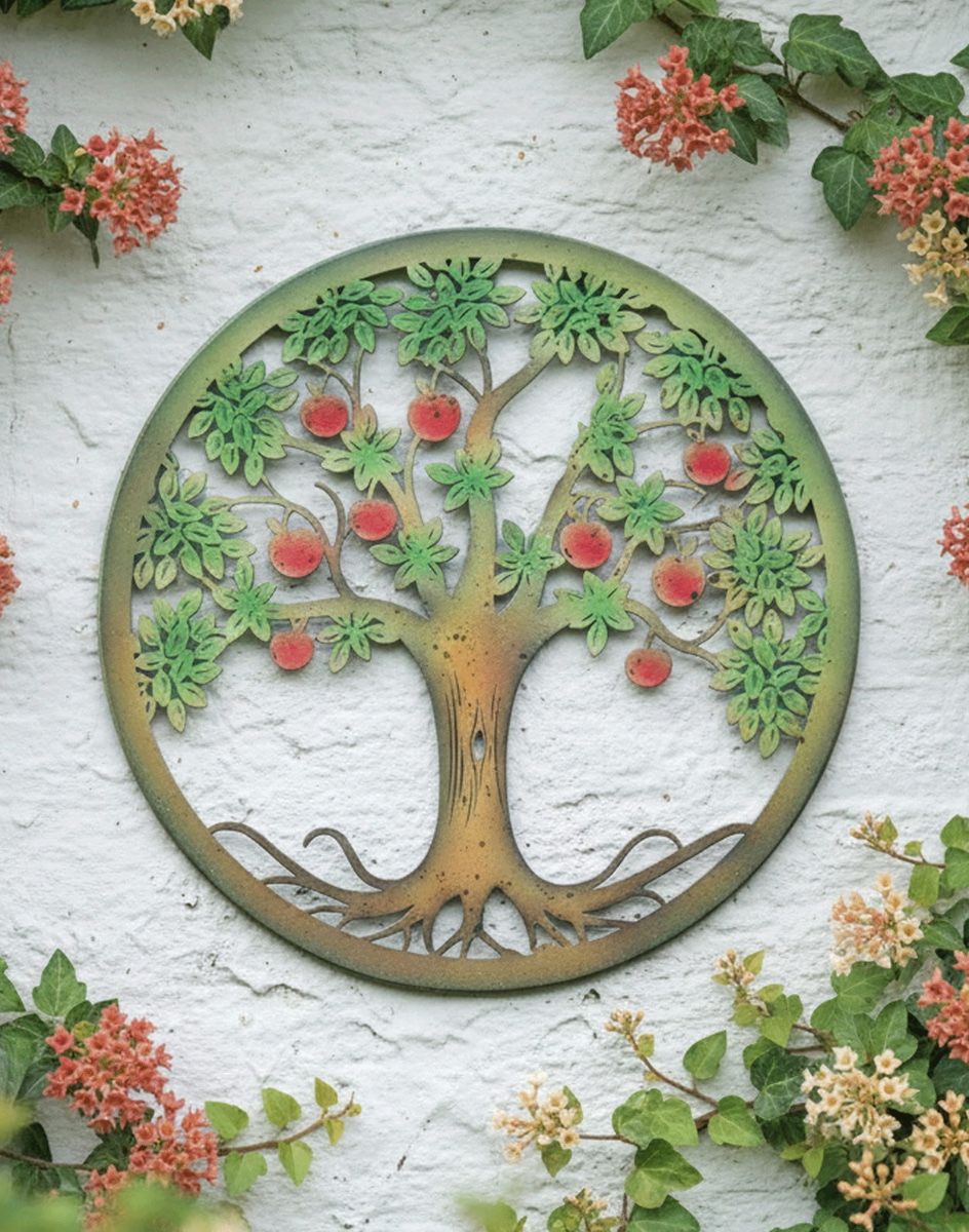 Digital Illustration of the Scarlet Bounty Silhouette Garden Wall Art Mounted on a White Garden Wall with Flowers