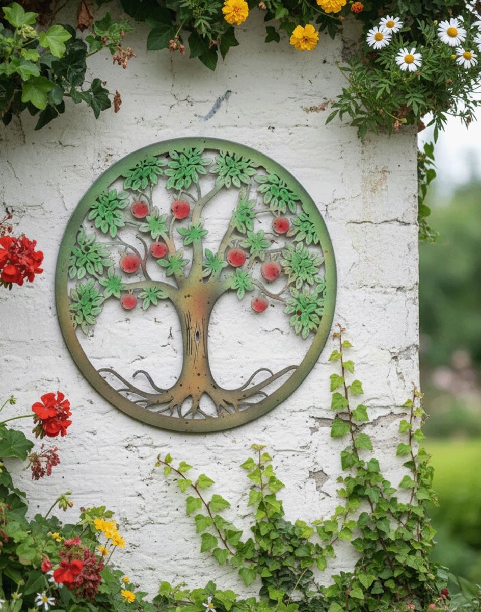 Digital Illustration of the Scarlet Bounty Silhouette Garden Wall Art Mounted at the edge of a White Garden Wall