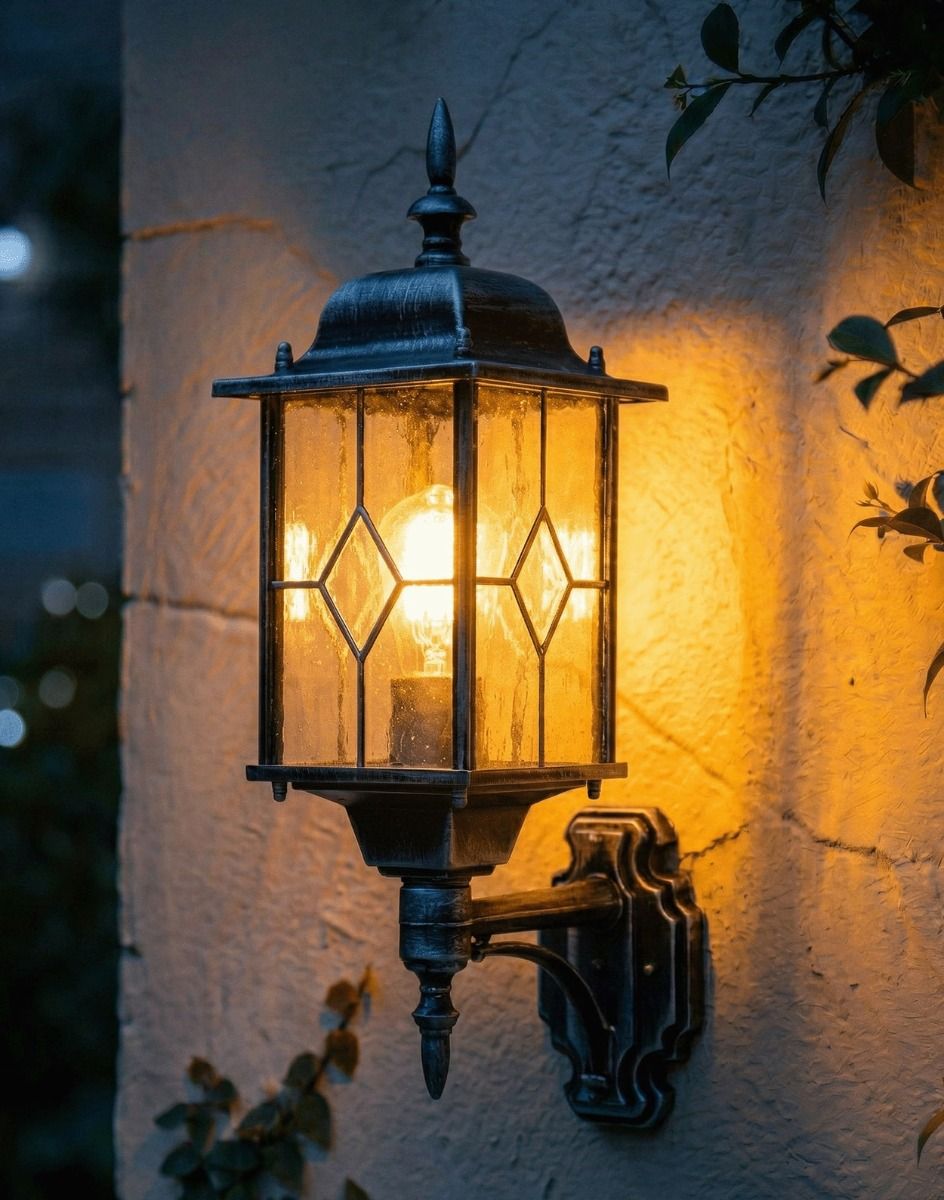 Digital Illustration of the Silver "Marsden" Wall Lantern Lit up at Night