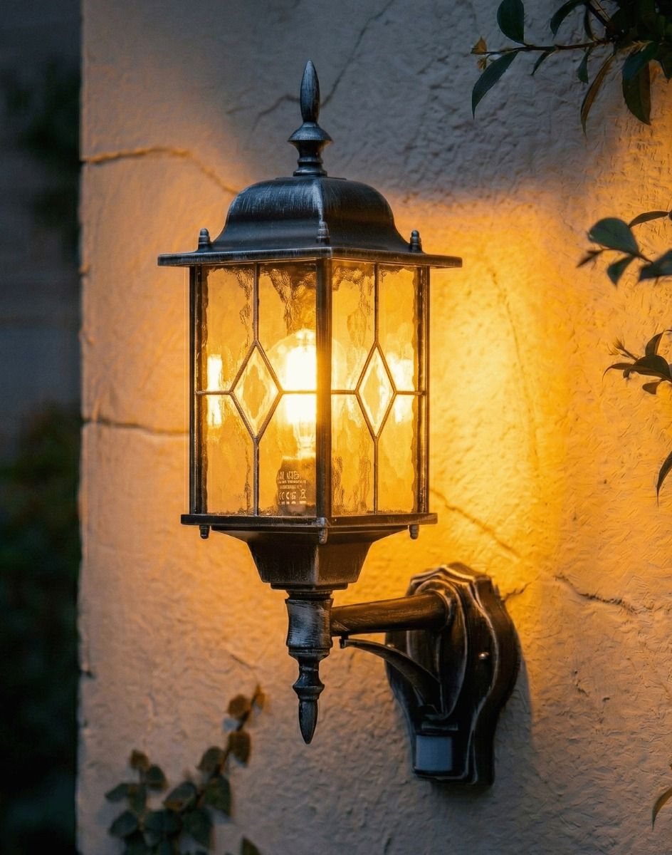 Digital Illustration of the Silver "Marsden" Wall Lantern with Built in PIR Sensor Lit up at Night