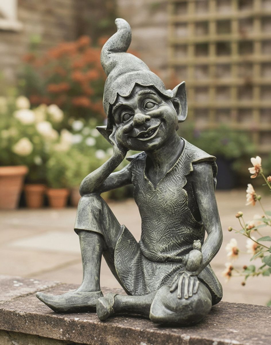 Digital Illustration of the Sitting Pixie Resin Garden Statue Sat on a Grey Garden Wall with Trellis in the Background