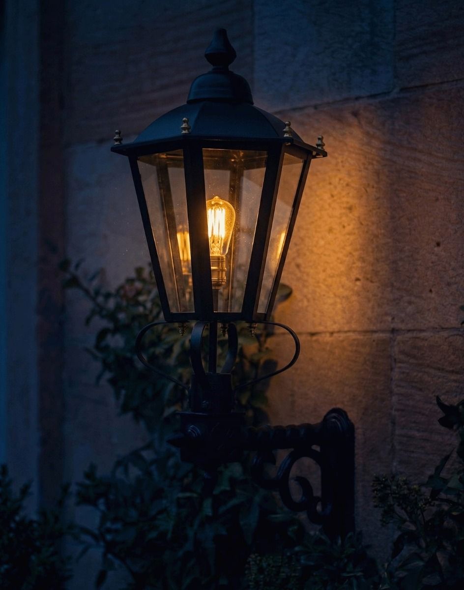 Digital Illustration of the Six Sided Victorian Black Wall Light Lit up a Night