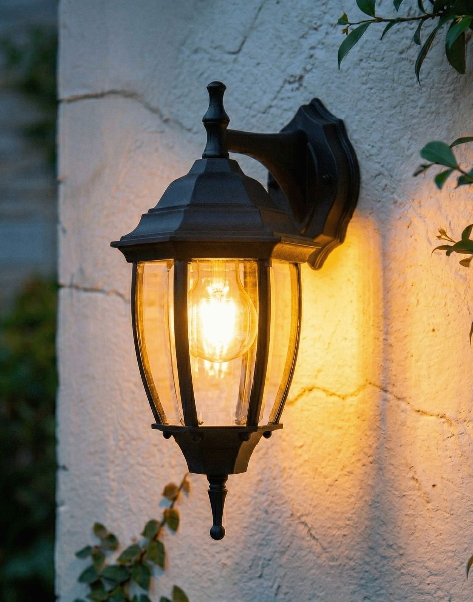 Digital Illustration of the Small Black Version of the Traditional "Clear Skies" Aluminium Victorian Top Fix Wall Lantern Lit up at Night