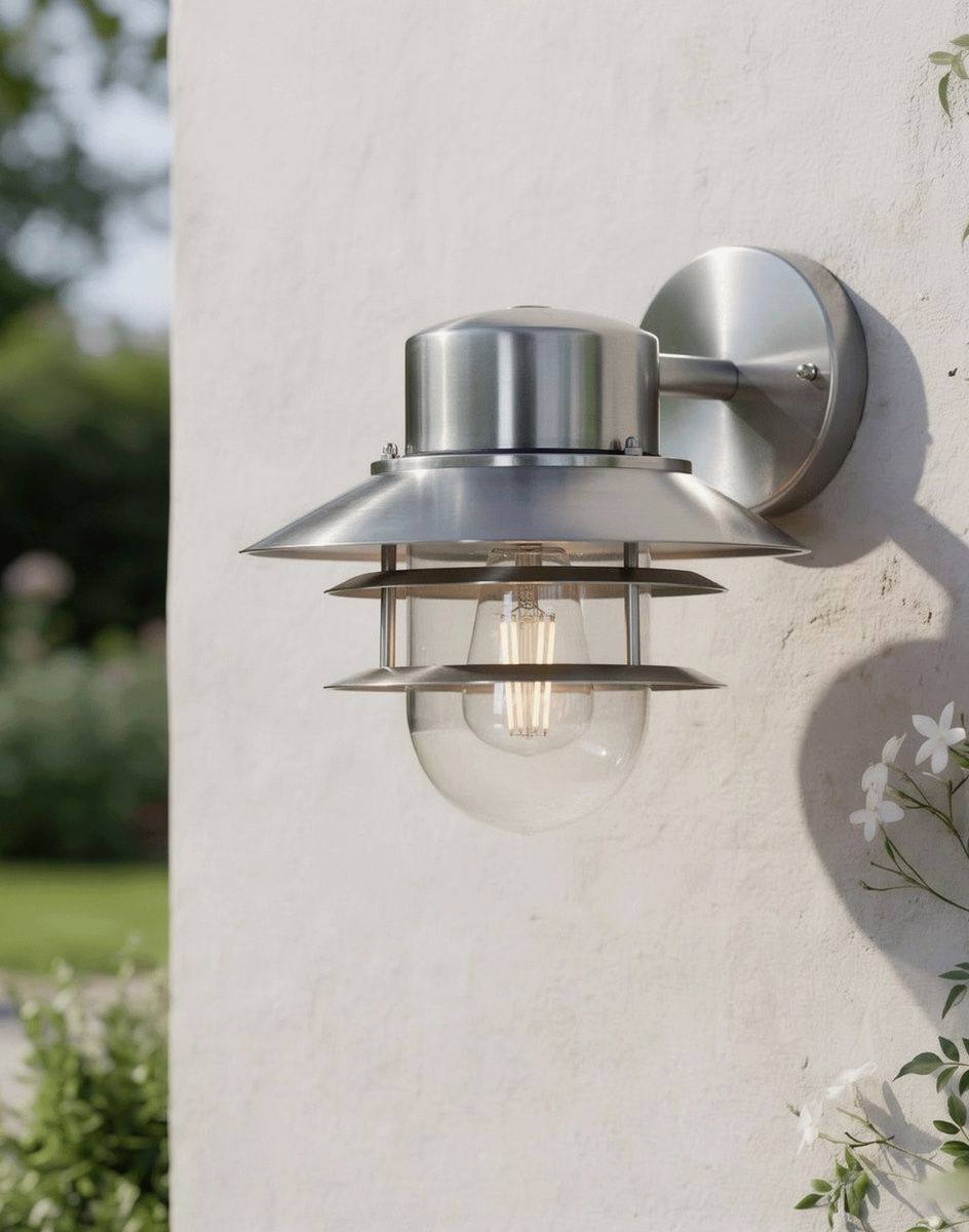 Digital Illustration of the Small Contemporary Overhanging Wall Light Fixed to a Cream Coloured Exterior Wall