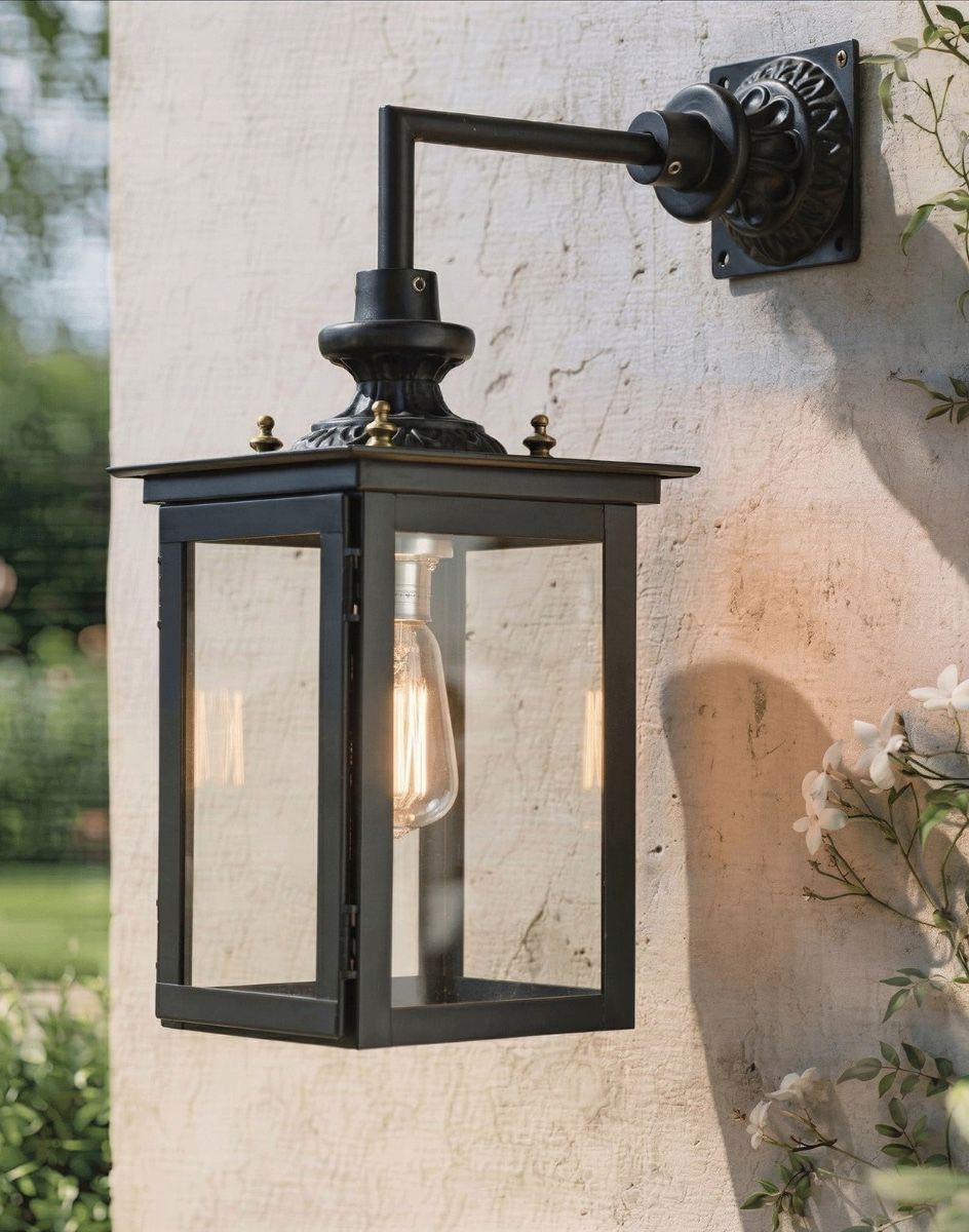 Digital Illustration of the Square Design Wall Light Mounted on a Sunny Cream Garden Wall