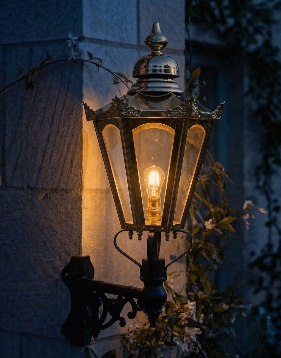 Digital Illustration of the Standard Brass Concordia Hexagonal Lantern With a Corner Bracket Lit up at Night