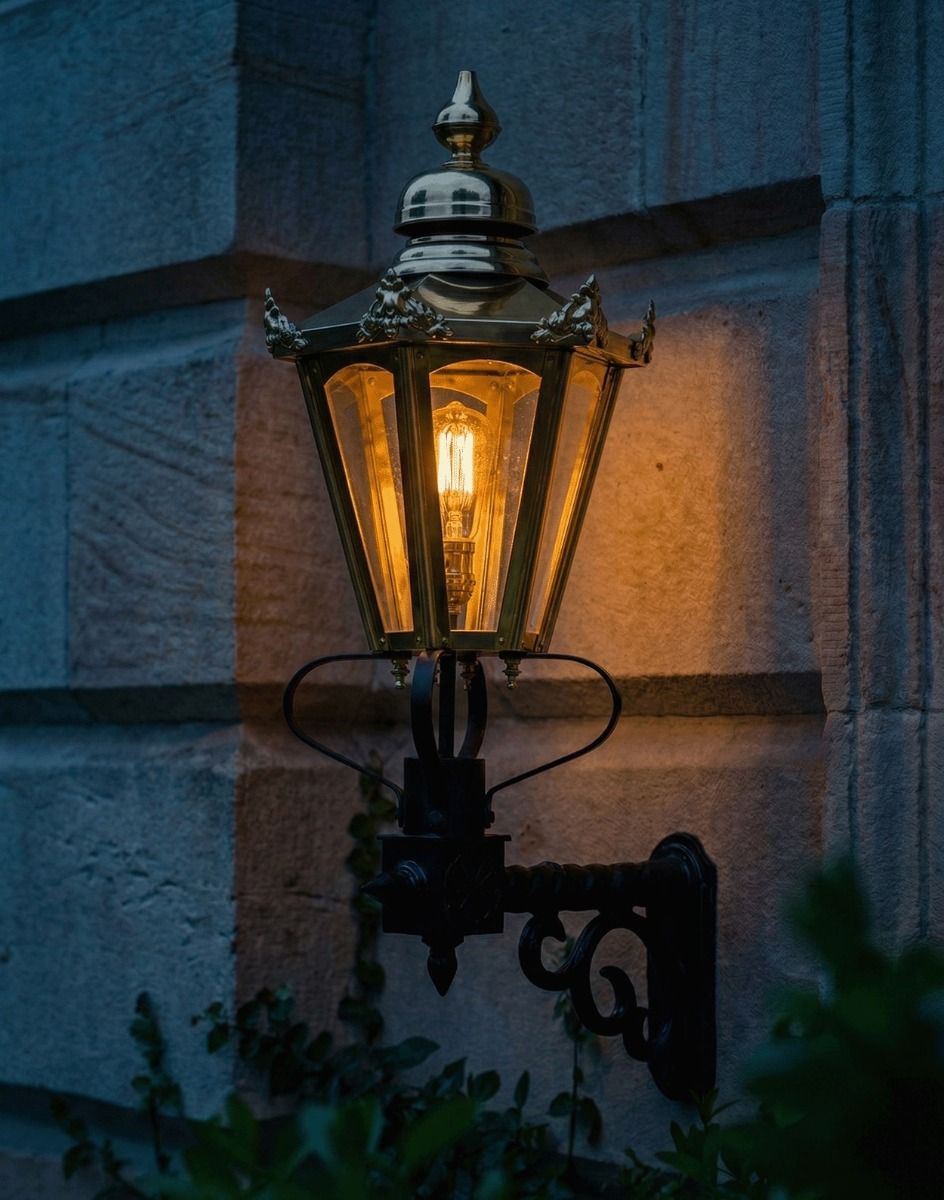 Digital Illustration of the Standard Brass Concordia Hexagonal Lantern With Royale Bracket Lit up at Night