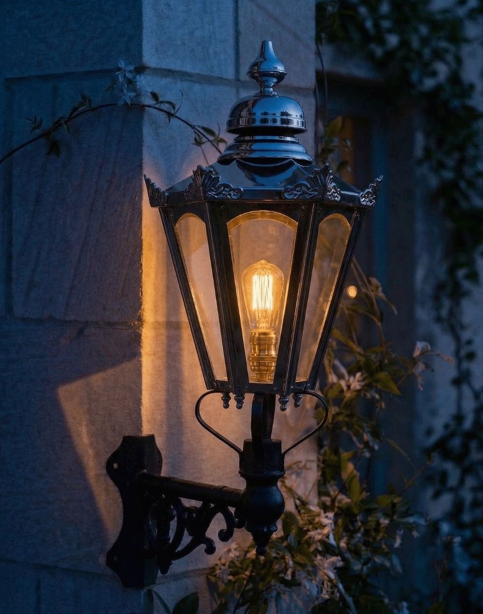Digital Illustration of the Standard Concordia Hexagonal Polished Nickel Lantern On Corner Bracket Lit up at Night