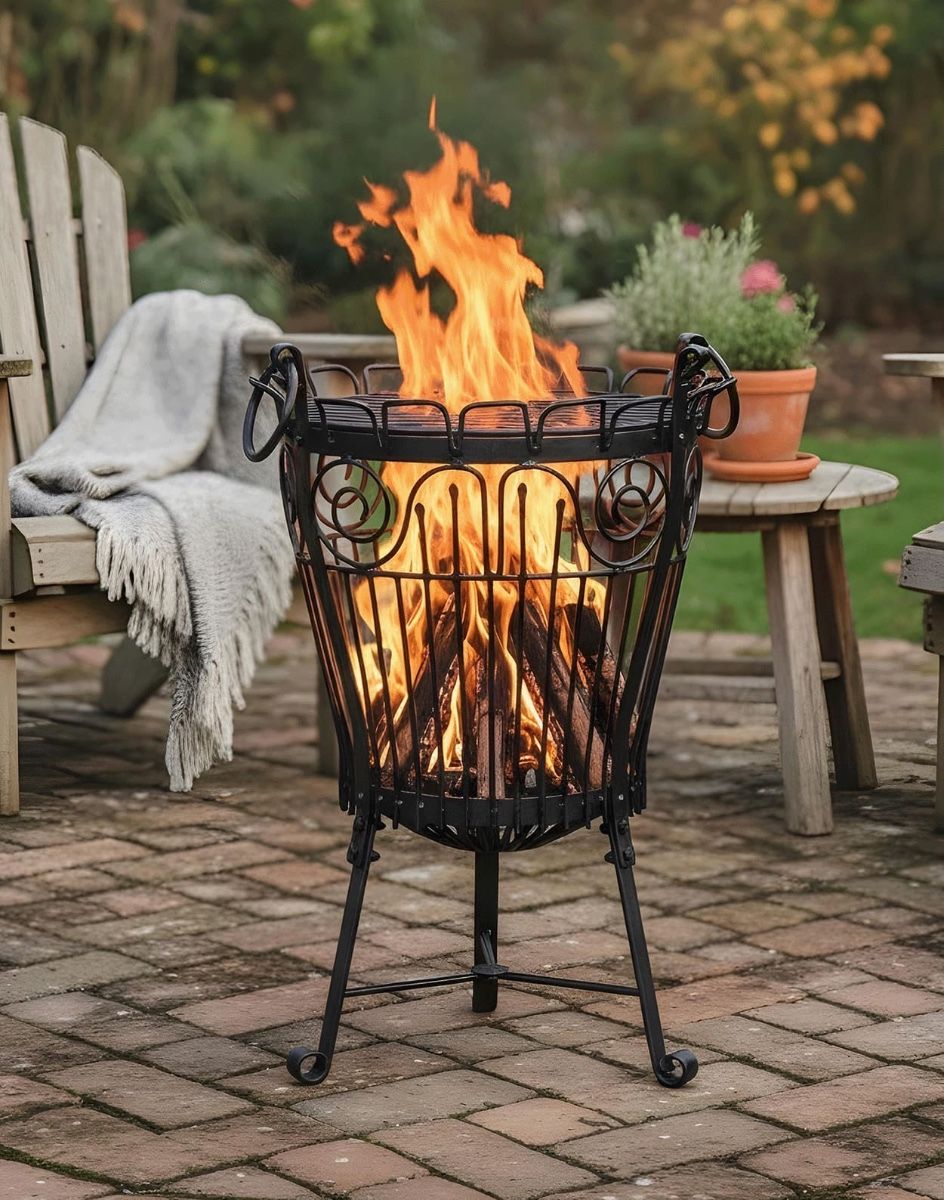 Digital Illustration of the Standard Lincoln Brazier Fully Lit in Front of Some Wooden Garden Furniture 
