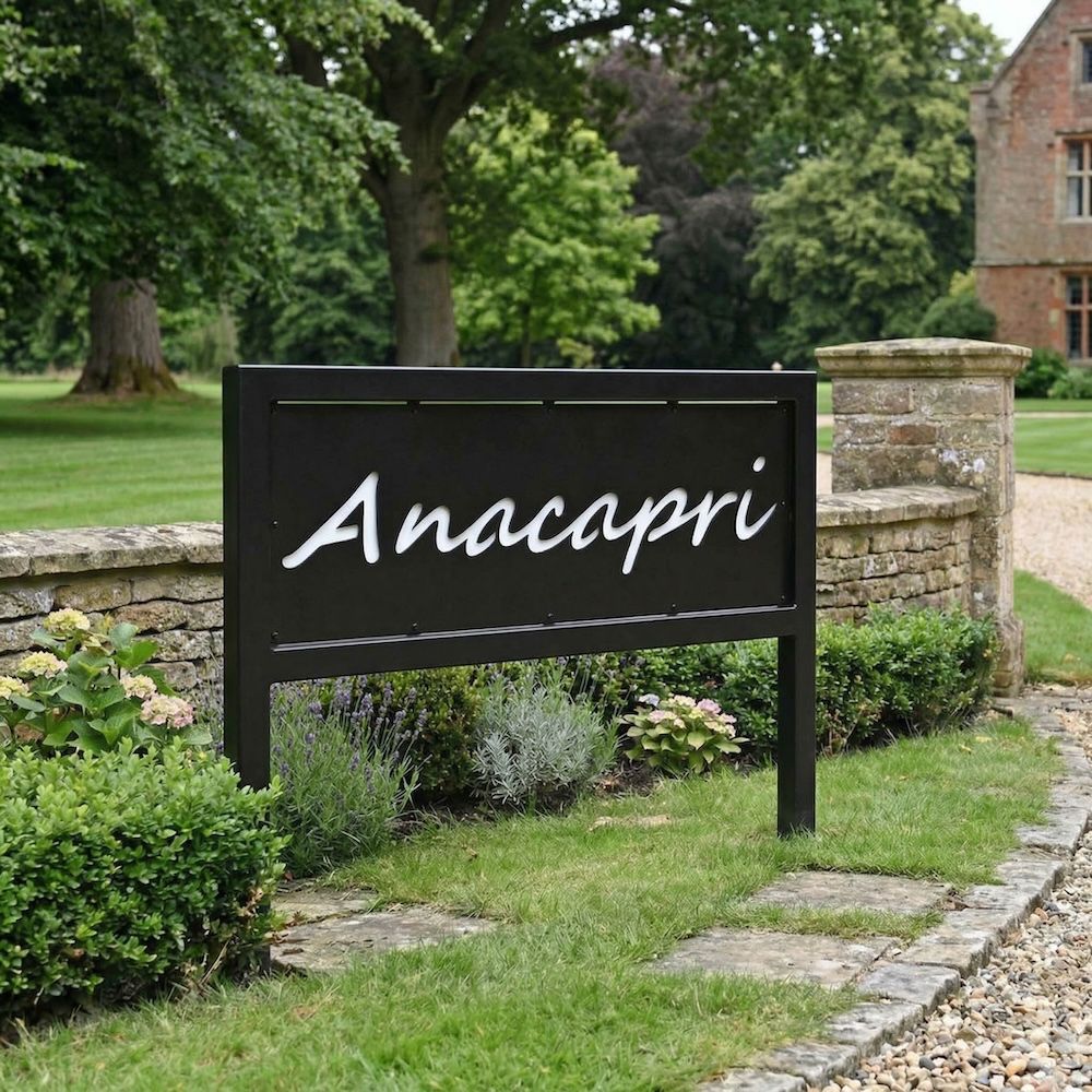 Digital Illustration of the Standing Steel House Name Sign Positioned at an Entrance Driveway to a House