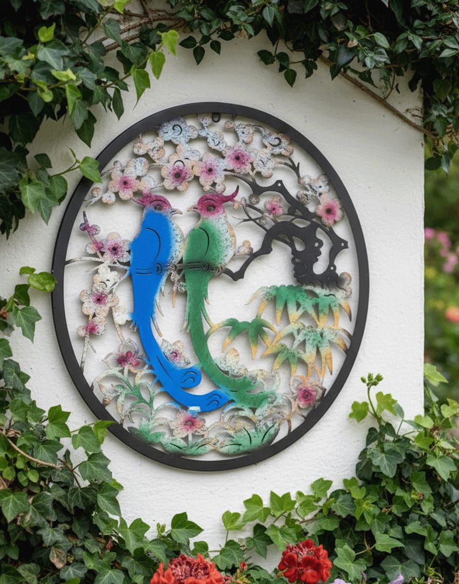 Digital Illustration of the Steel Cherry Blossom and Birds Garden Wall Art Mounted on a White Garden Wall