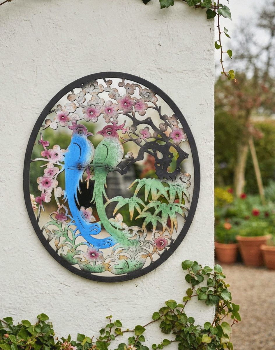 Digital Illustration of the Steel Cherry Blossom and Birds Mirrored Wall Art Mounted on a White Wall with Plant Pots in the Background