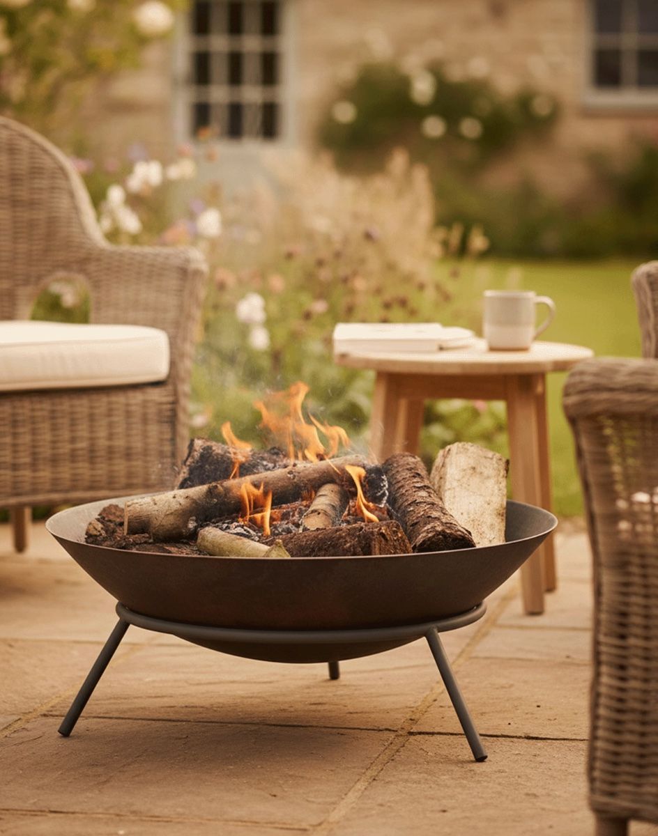 Digital Illustration of the Steel Fire Bowl & Tripod Stand Set up on a Garden Patio with Wicker Furniture Next to it 