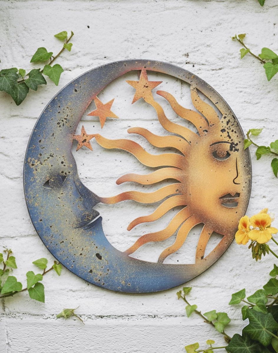 Digital Illustration of the Sun and Moon Garden Wall Art Mounted on White Brick Building