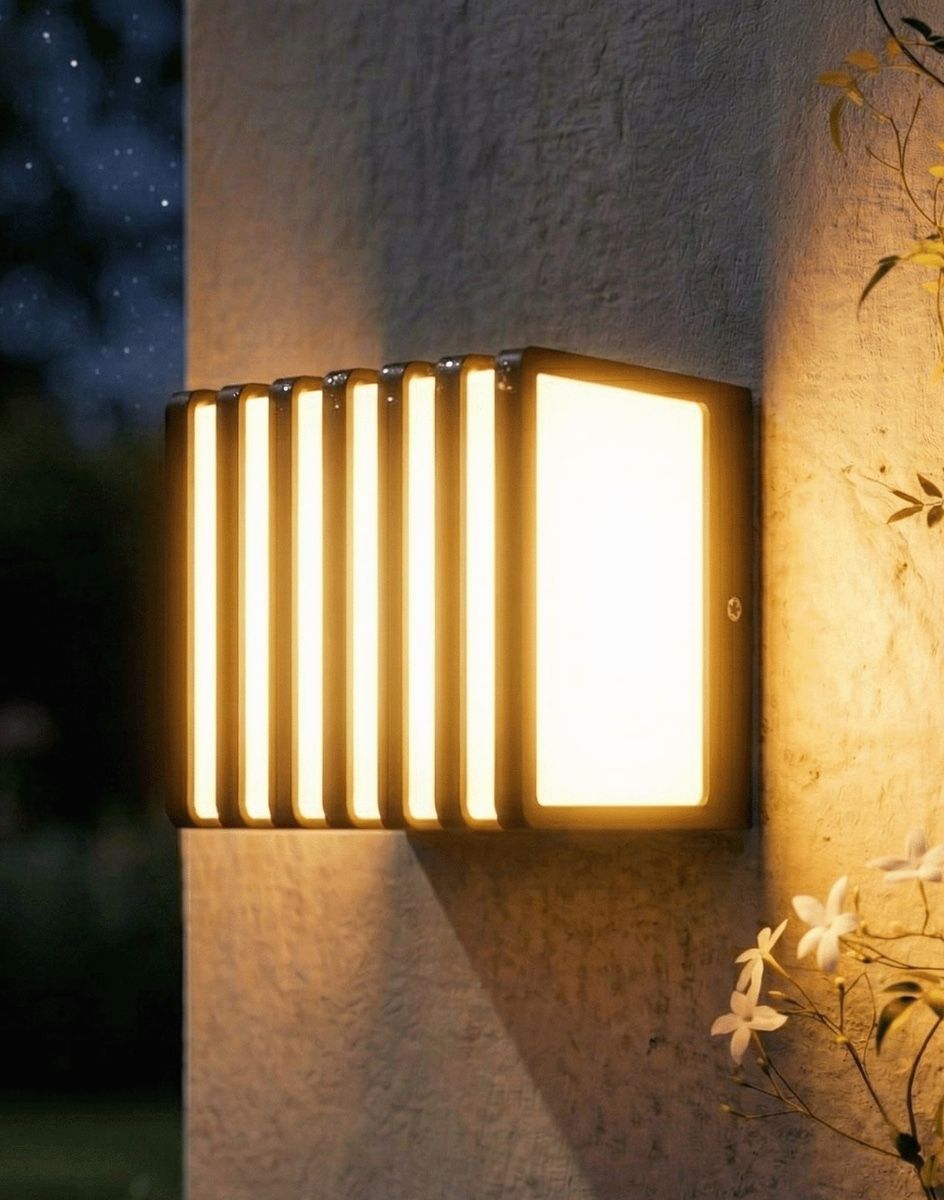 Digital Illustration of the "Tilstone" Garden Wall Light with Aluminium Grill Detailing Lit up at Night