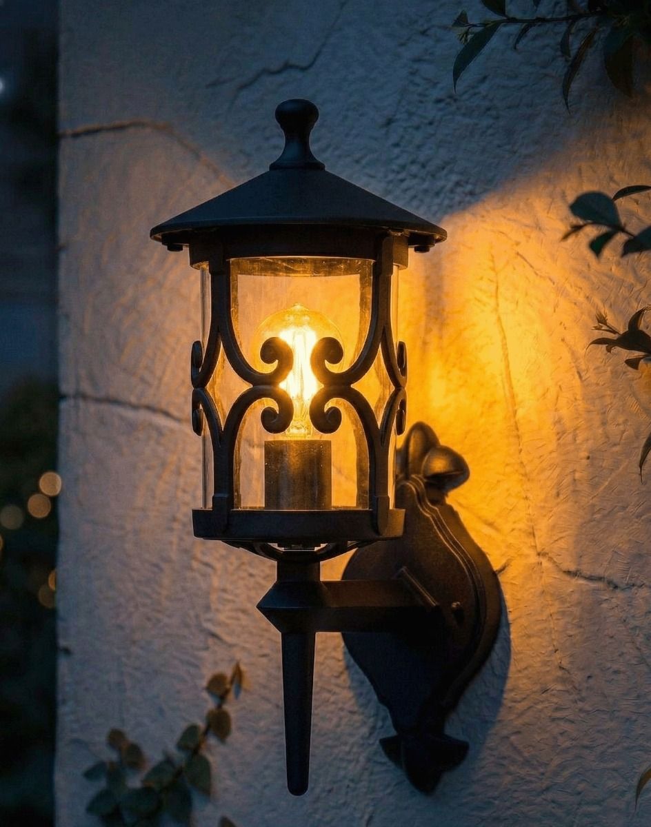 Digital Illustration of the Traditional "Ebberton" Scrolled Design Bottom Fix Wall Lantern Lit up at Night