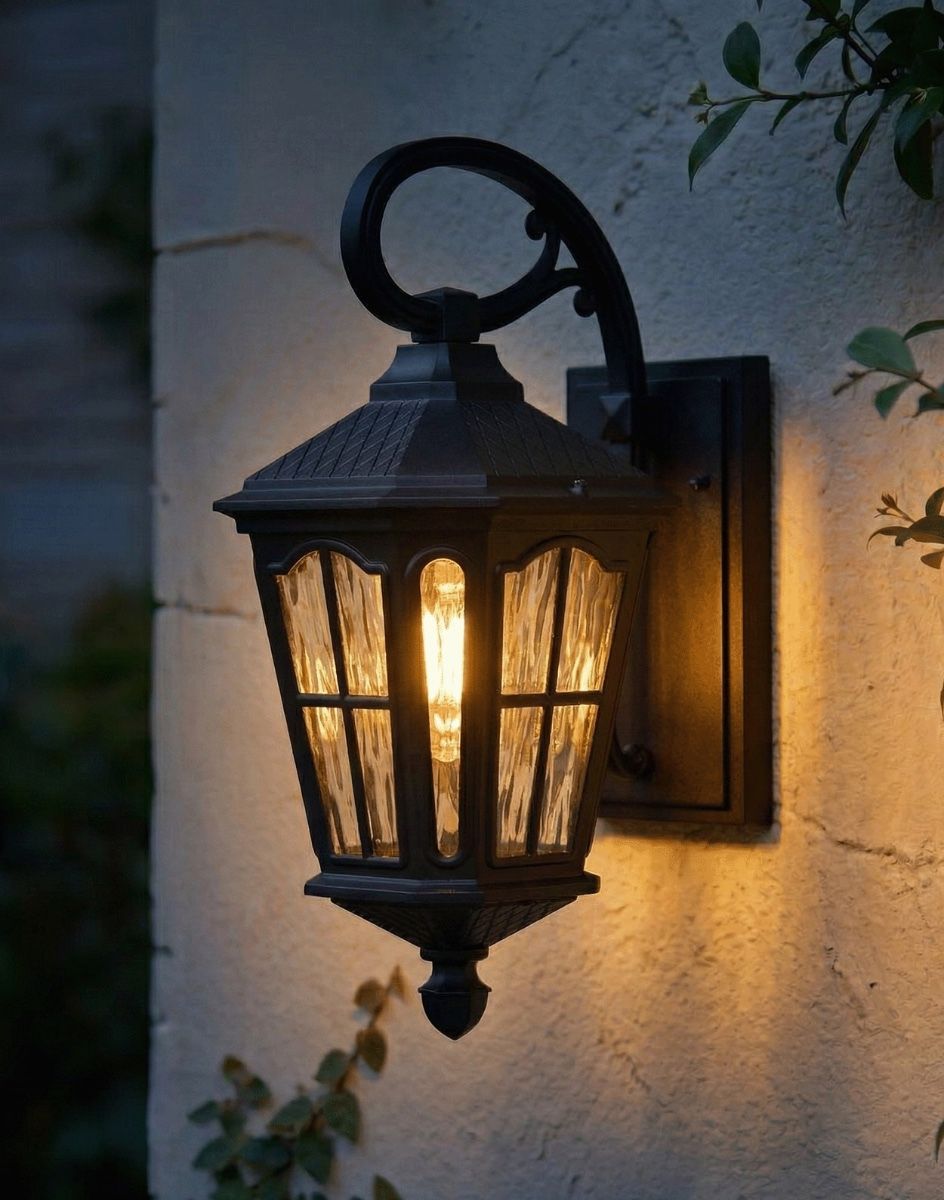 Digital Illustration of the Traditional "Fishhook" Vintage Outdoor Top Fix Wall Lantern in Black Lit up at Night
