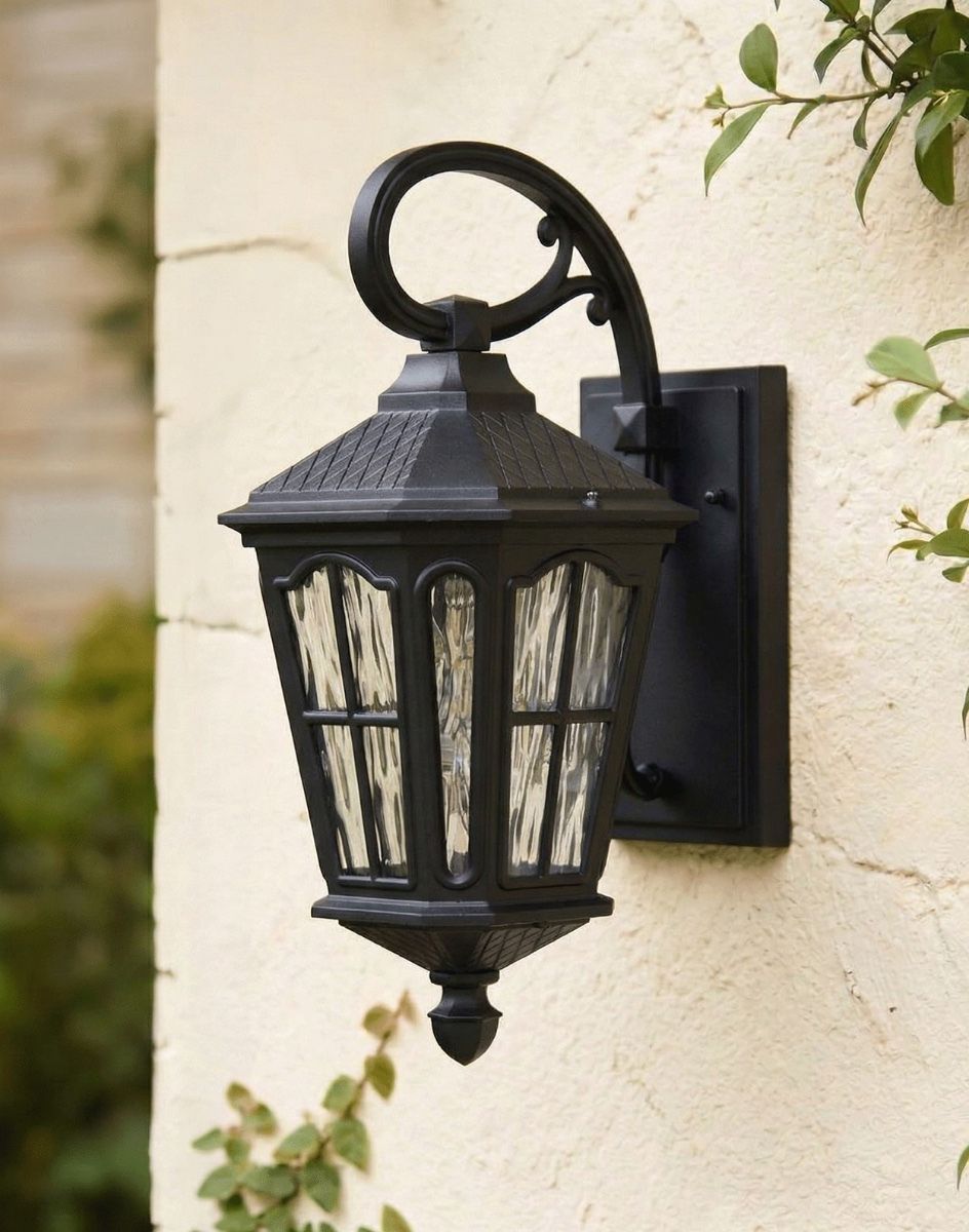 Digital Illustration of the Traditional "Fishhook" Vintage Outdoor Top Fix Wall Lantern in Black Mounted on a Cream Coloured Outdoor Wall