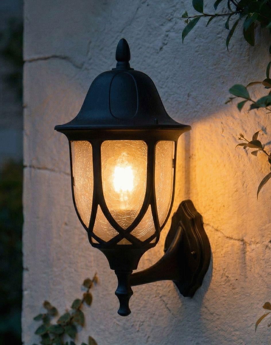 Digital Illustration of the Traditional "Icy Splendor" Frosted Glass Bottom Fix Outdoor Wall Lantern Lit up at Night