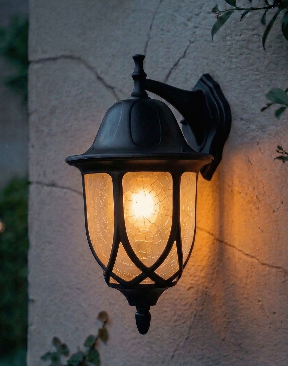 Digital Illustration of the Traditional "Icy Splendor" Frosted Glass Top Fix Outdoor Wall Lantern Lit up at Night