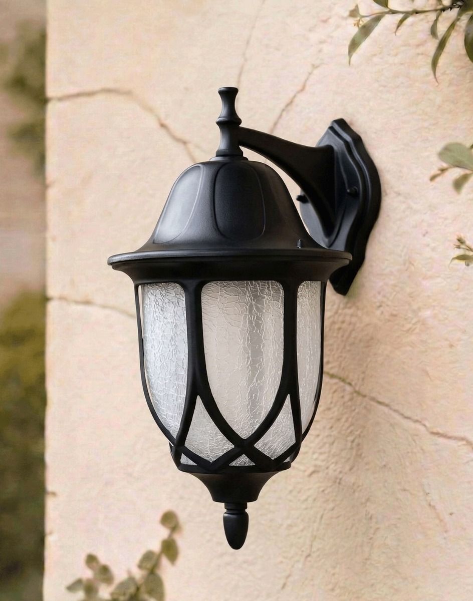 Digital Illustration of the Traditional "Icy Splendor" Frosted Glass Top Fix Outdoor Wall Lantern Mounted on a Cream Coloured Exterior Wall