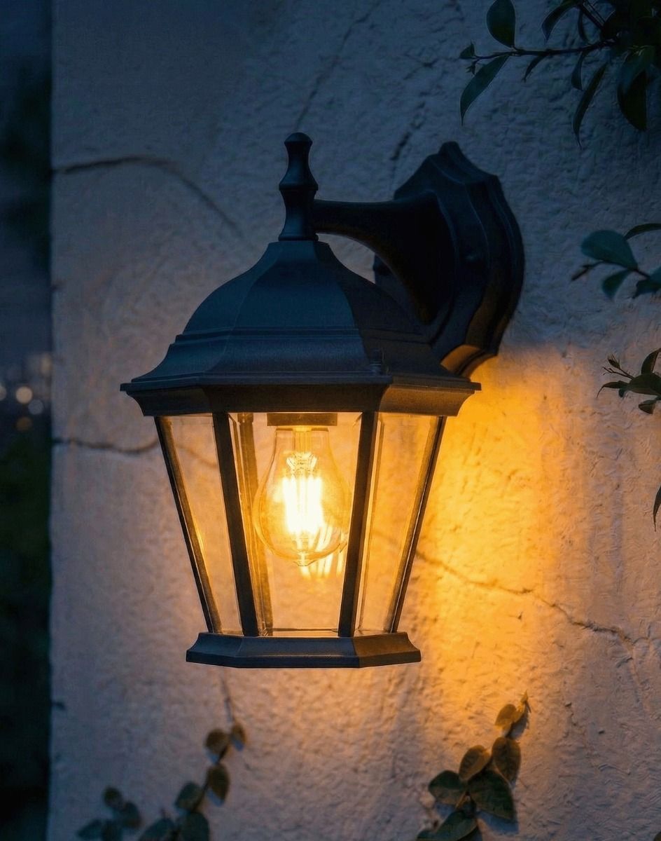 Digital Illustration of the Traditional "Lovella" Hexagonal Top Fix Outdoor Wall Lantern Lit up at Night