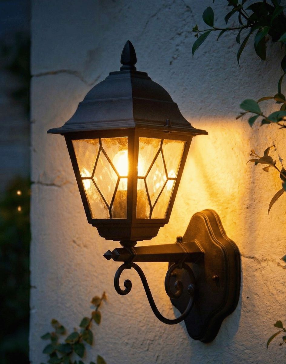 Digital Illustration of the Traditional Wall Lantern With PIR Motion Sensor Built in Lit up at Night