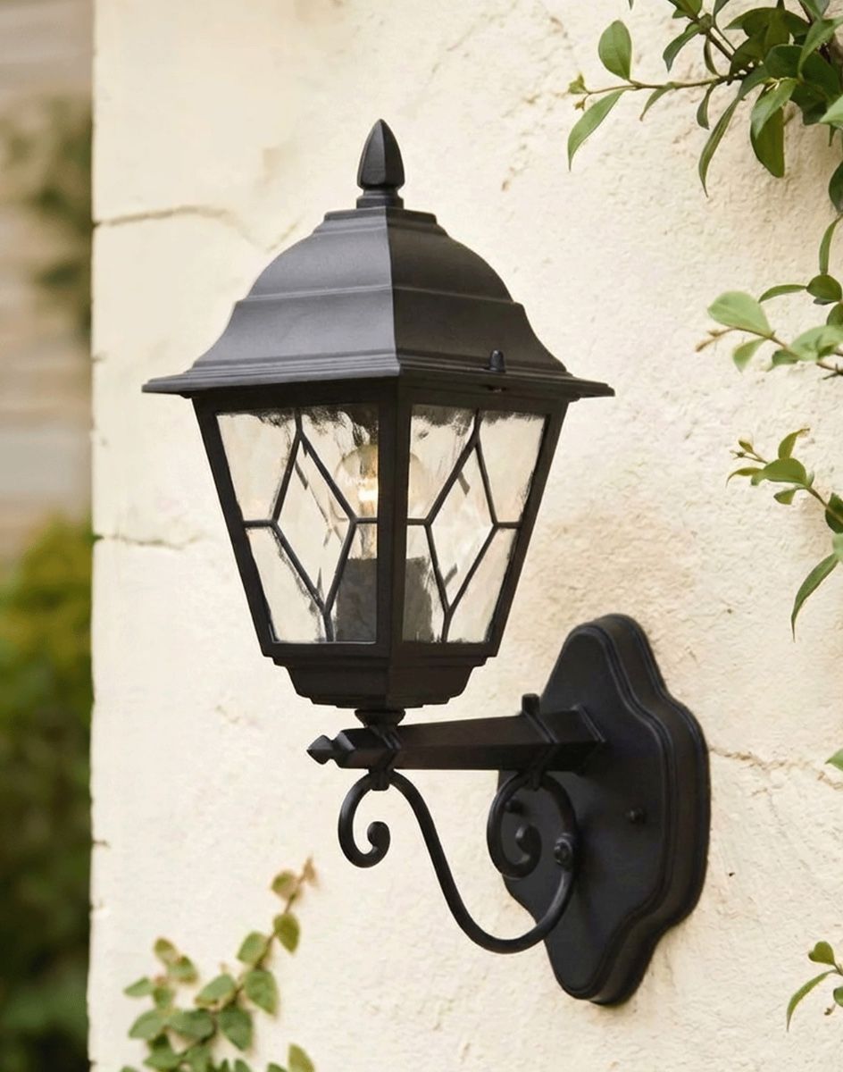 Digital Illustration of the Traditional Wall Lantern With PIR Motion Sensor Built in Mounted on a White Outdoor Garden Wall 
