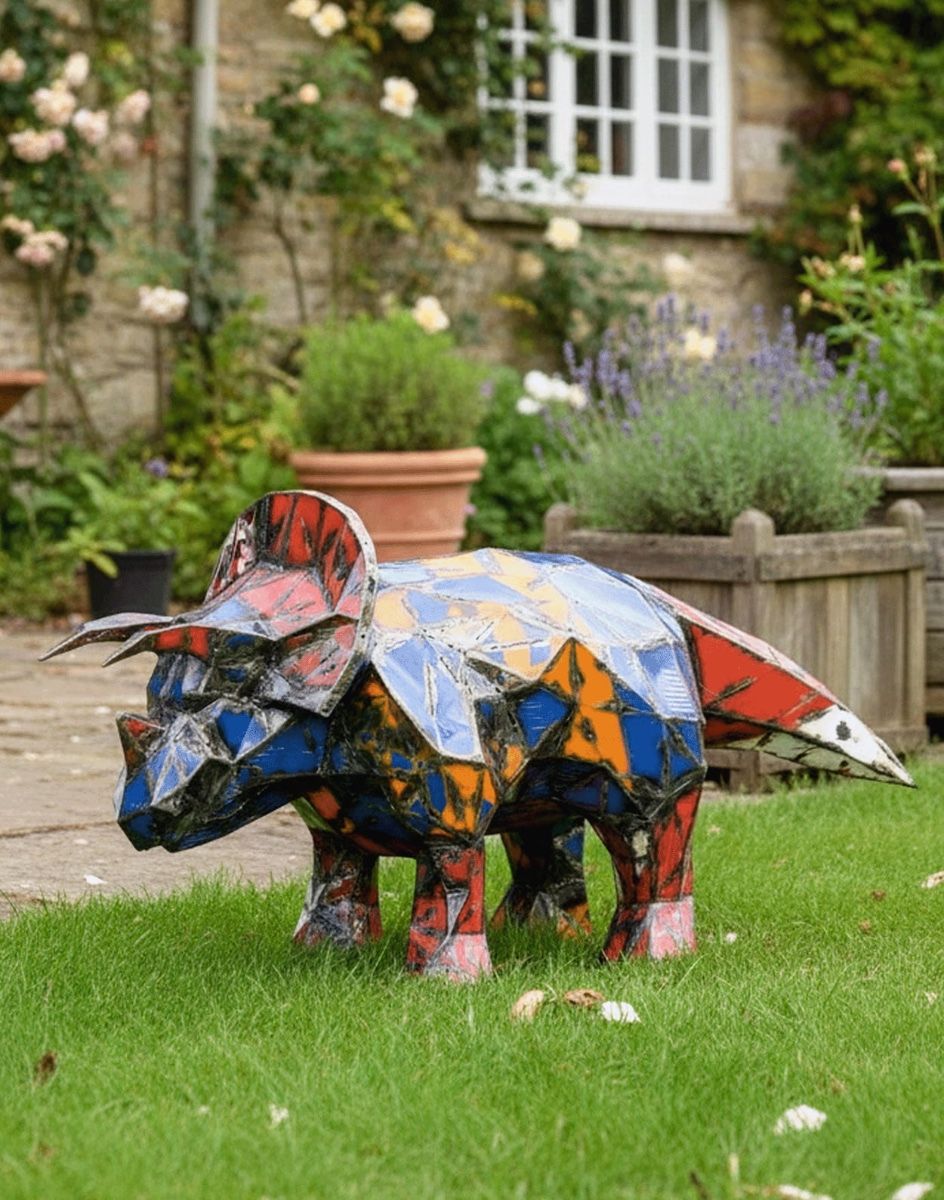 Digital Illustration of the "Trike’ the Triceratops Upcycled Oil Drum Garden Sculpture in Front of some Wooden Garden Planters
