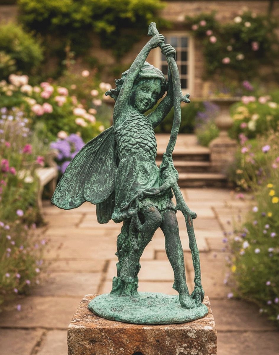 Digital Illustration of the Verdigris Cast Iron Woodland Fairy Sculpture Positioned on a Garden Path in Front of a Rose Cottage