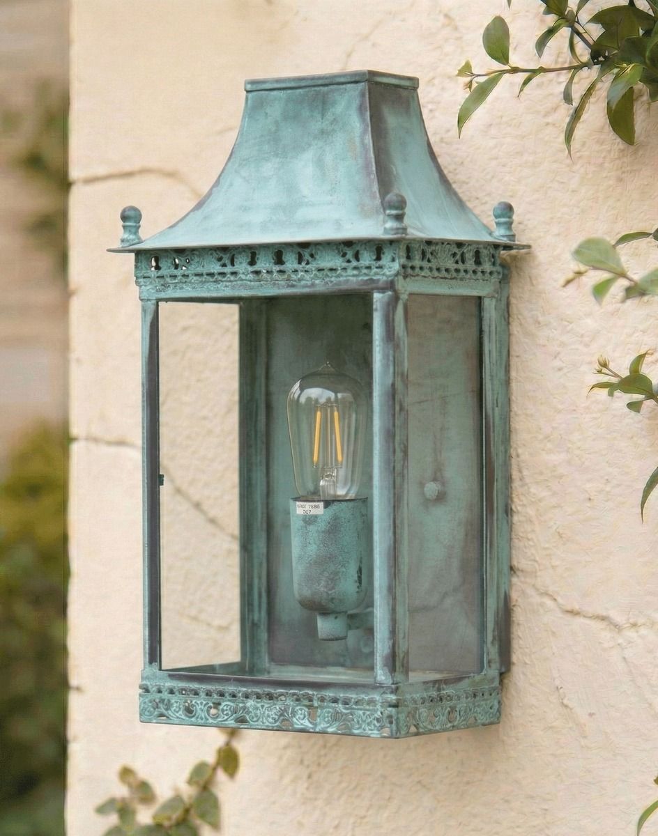 Digital Illustration of the Verdigris Finished "Henlow" Traditional Wall Lantern Mounted on a Rustic Cream Garden Buildingjpg