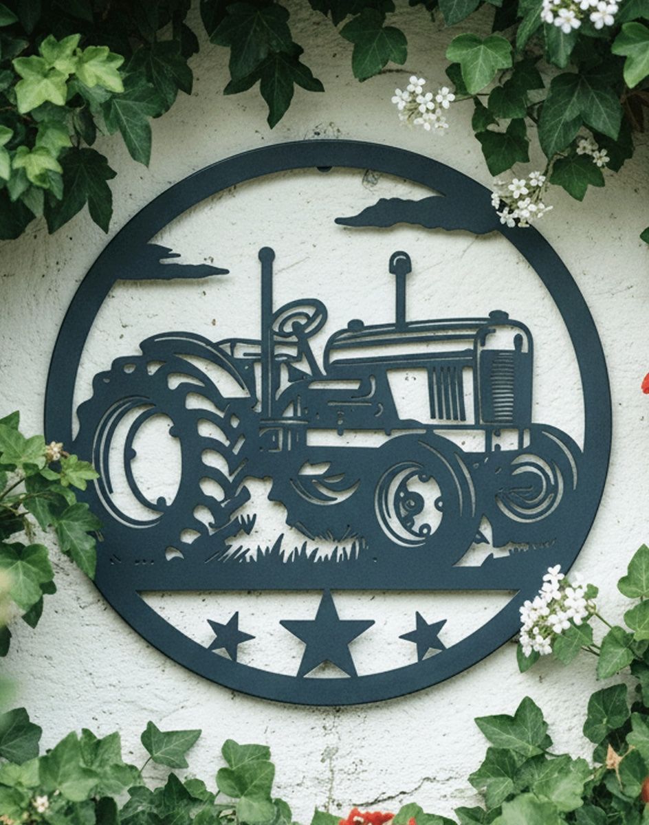 Digital Illustration of the Vintage Fender Tractor Silhouette Garden Wall Art Mounted on a White Wall Surrounded by Ivy