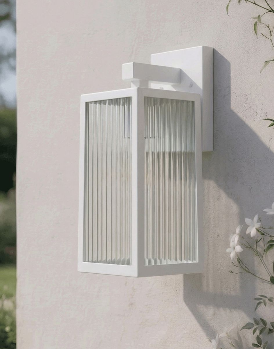 Digital Illustration of the White Version of the Davenport Ribbed Glass Wall Light Fixed to a Cream Coloured Exterior Wall